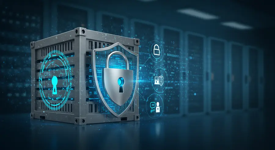 Secure container with padlock and shield, representing container security best practices in Docker and Kubernetes