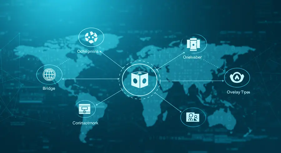 A stylized network diagram showing interconnected Docker containers with different network types like bridge, overlay, and host, against a tech background with subtle lines representing data flow and connectivity.