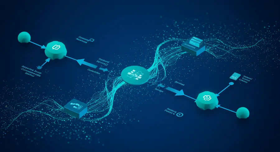 Abstract representation of advanced Kubernetes networking, showing interconnected pods, services, and network policies with data flowing between them.